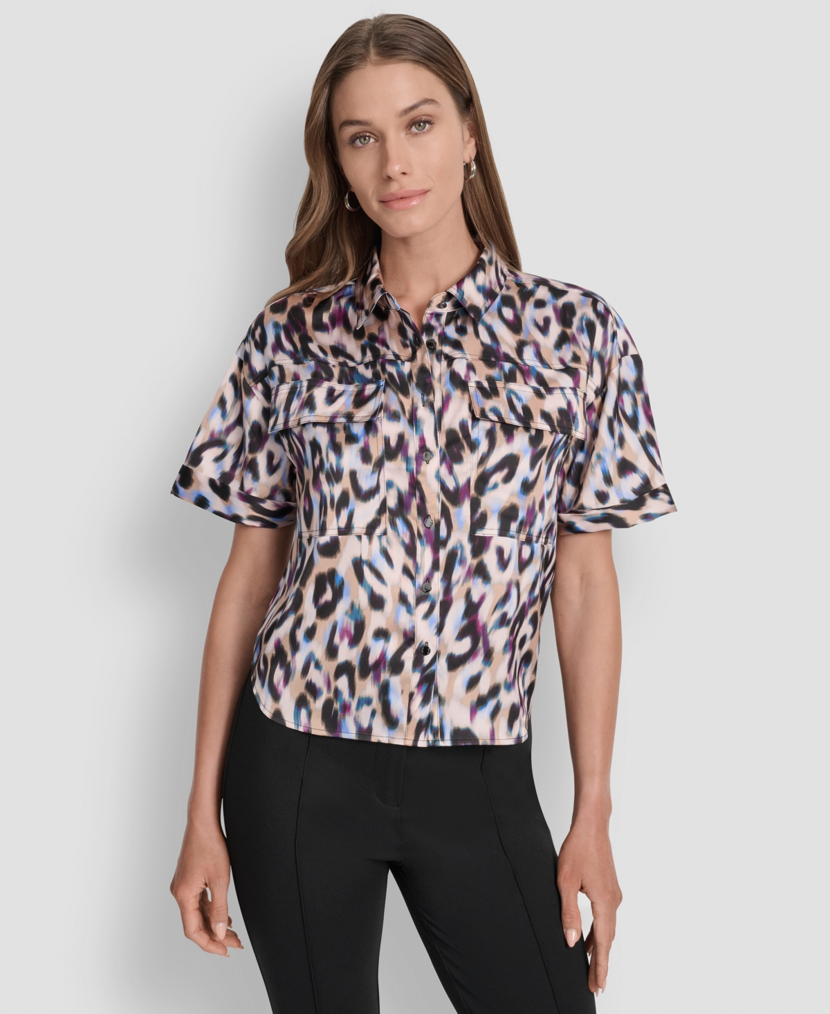 Dkny Women's Printed Flap Pocket Camp Shirt