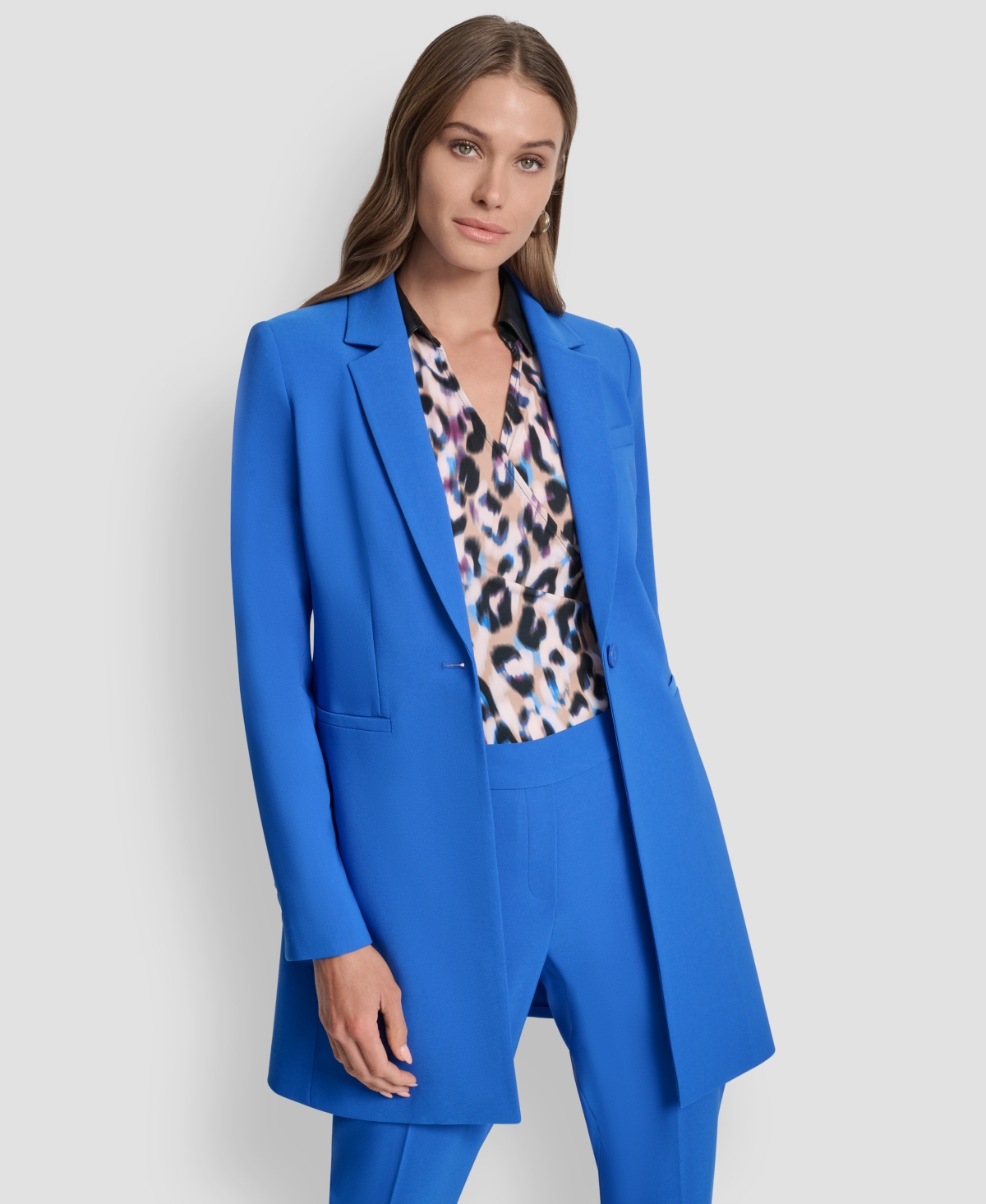 Dkny One Button Longline Blazer In Blue