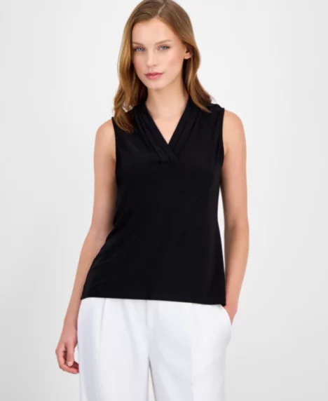 Petite Pleated V-Neck Top - Black