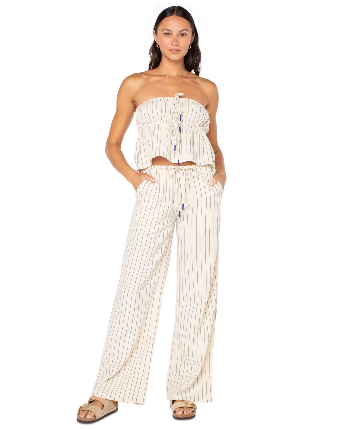 Roxy Juniors' Iyla Striped Wide-leg Pull-on Pants In White