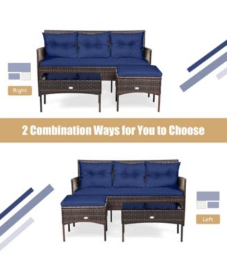 Set of 3 3-Seat Sofa Cushioned Table Rattan Furniture Set Garden Patio