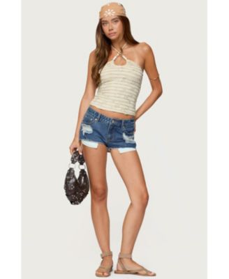 Women's Criss Cross Bead Ruffled Halter Top