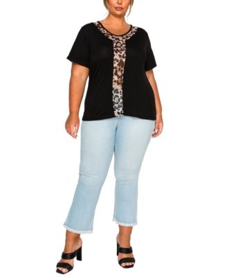 Plus Size Leopard Print Mesh Inset Short Sleeve Top