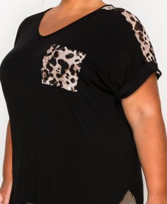 Plus Size Leopard Print Mesh Pocket Shoulder Rolled Sleeve Top