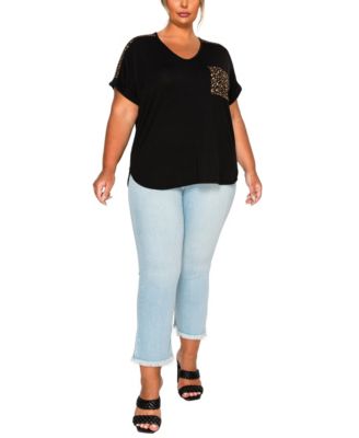 Plus Size Pebble Mesh Pocket Shoulder Rolled Sleeve Top