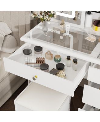 White Wood Makeup Vanity Set Dressing Desk with Glass Top