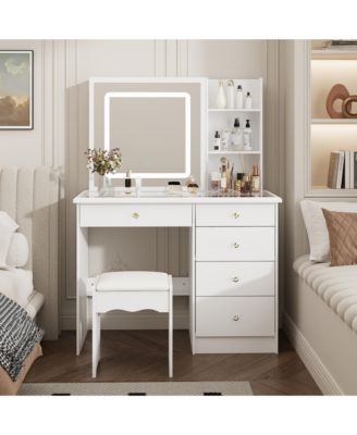 White Wood Makeup Vanity Set Dressing Desk with Glass Top