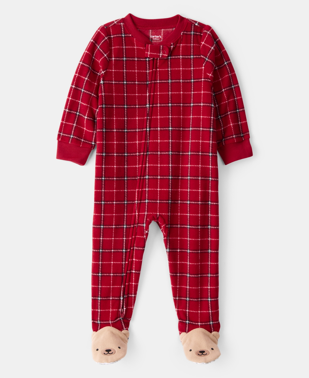 Carter's Baby Boys Plaid-print Fleece Loose-fit 1-piece Footed Pajamas In Red