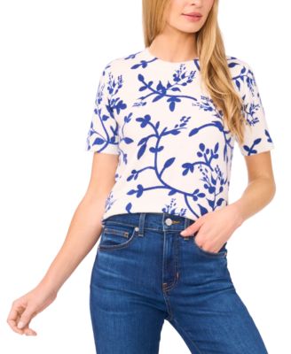 CeCe - Women's Printed Vines Short Sleeve Sweater