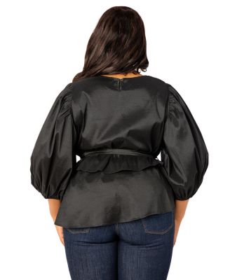 Plus Size Tie Waist Voluminous Sleeve Blouse