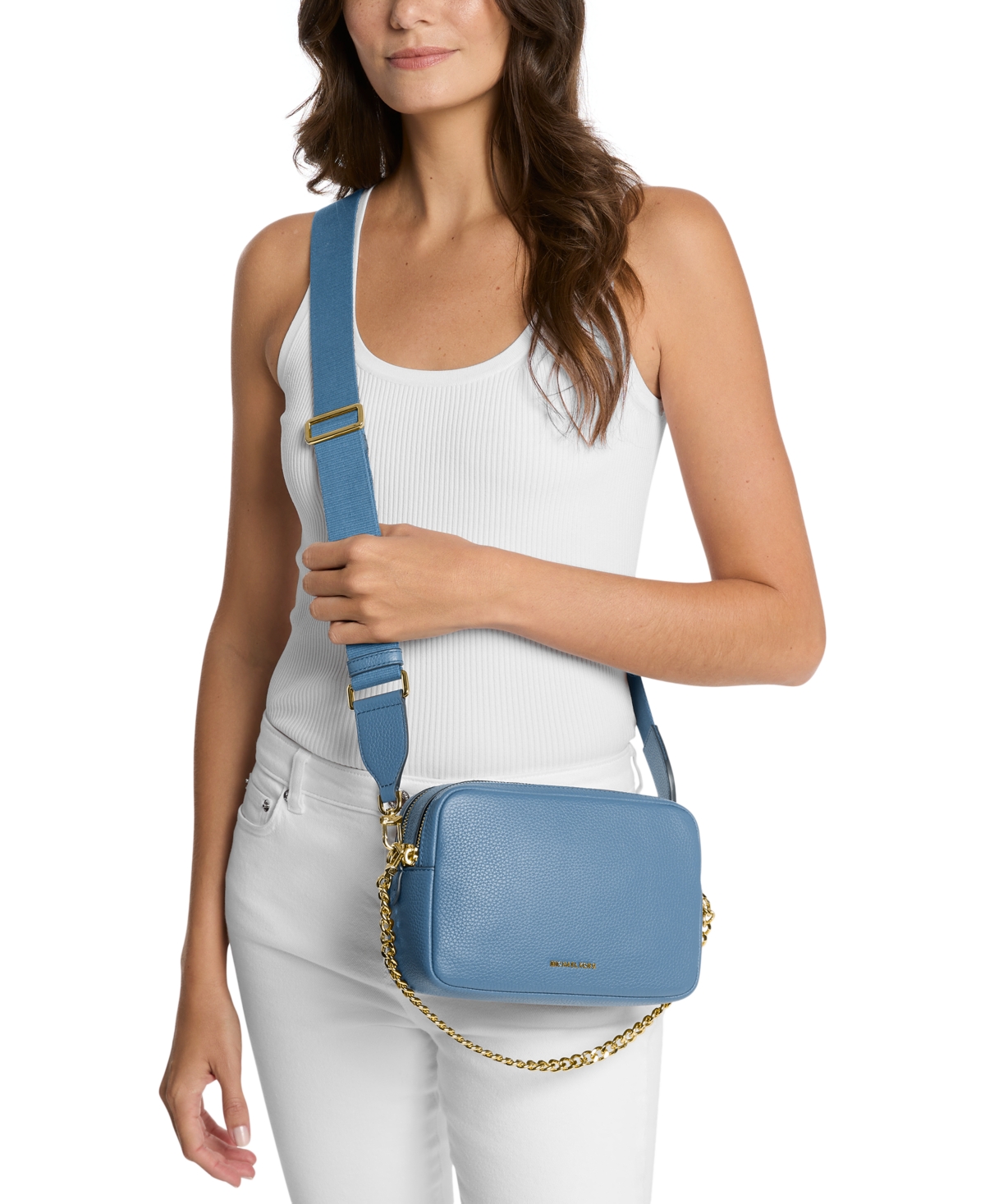 Michael Kors Michael  Bryant Medium Leather Double Zip Chain Camera Crossbody In Blue