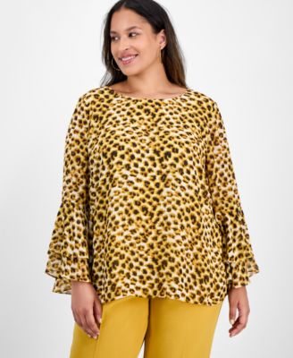 Kasper - Plus Size Tiered Ruffle-Sleeve Printed Blouse