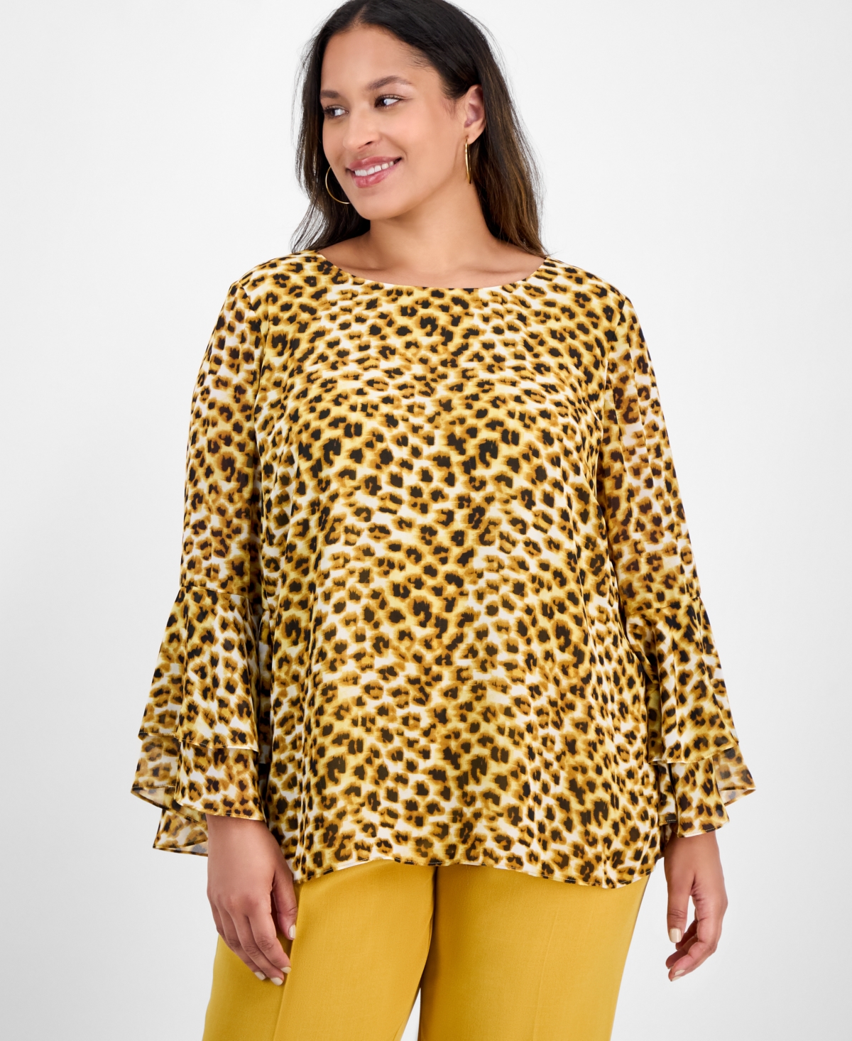 Kasper Plus Size Tiered Ruffle-sleeve Printed Blouse In Yellow
