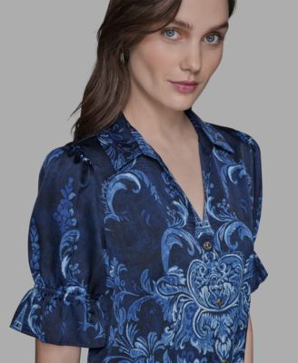 Petite Printed Puff-Sleeve Button-Front Shirt