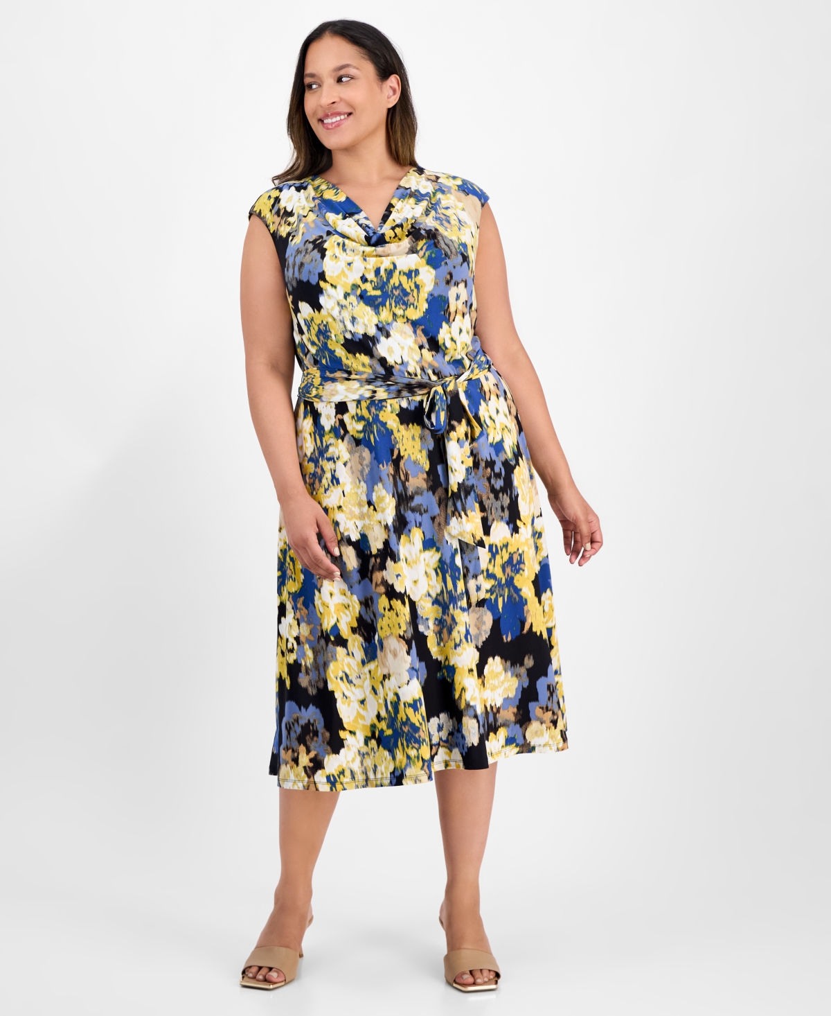 Kasper Plus Size Floral Print Cowlneck Dress In Multi
