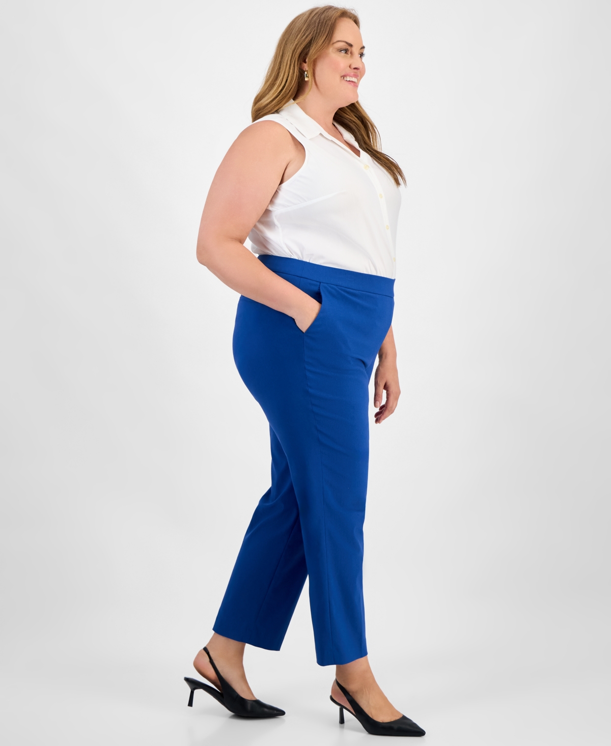 Kasper Plus Size High Rise Straight Leg Pull-on Pants In Blue
