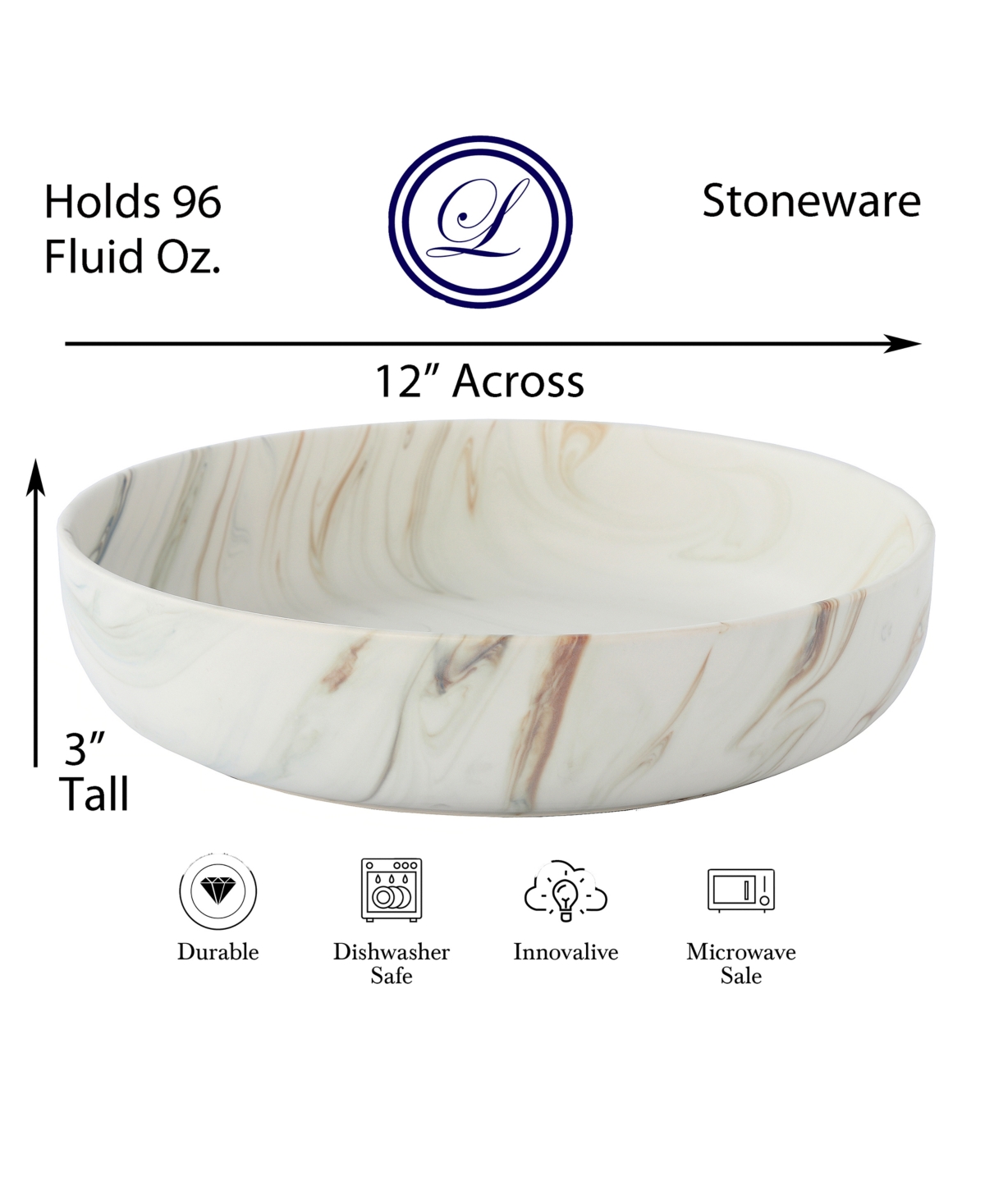 Lorren Home Trends Matte Marble Pattern Serving Bowl, 96-oz. In Sand