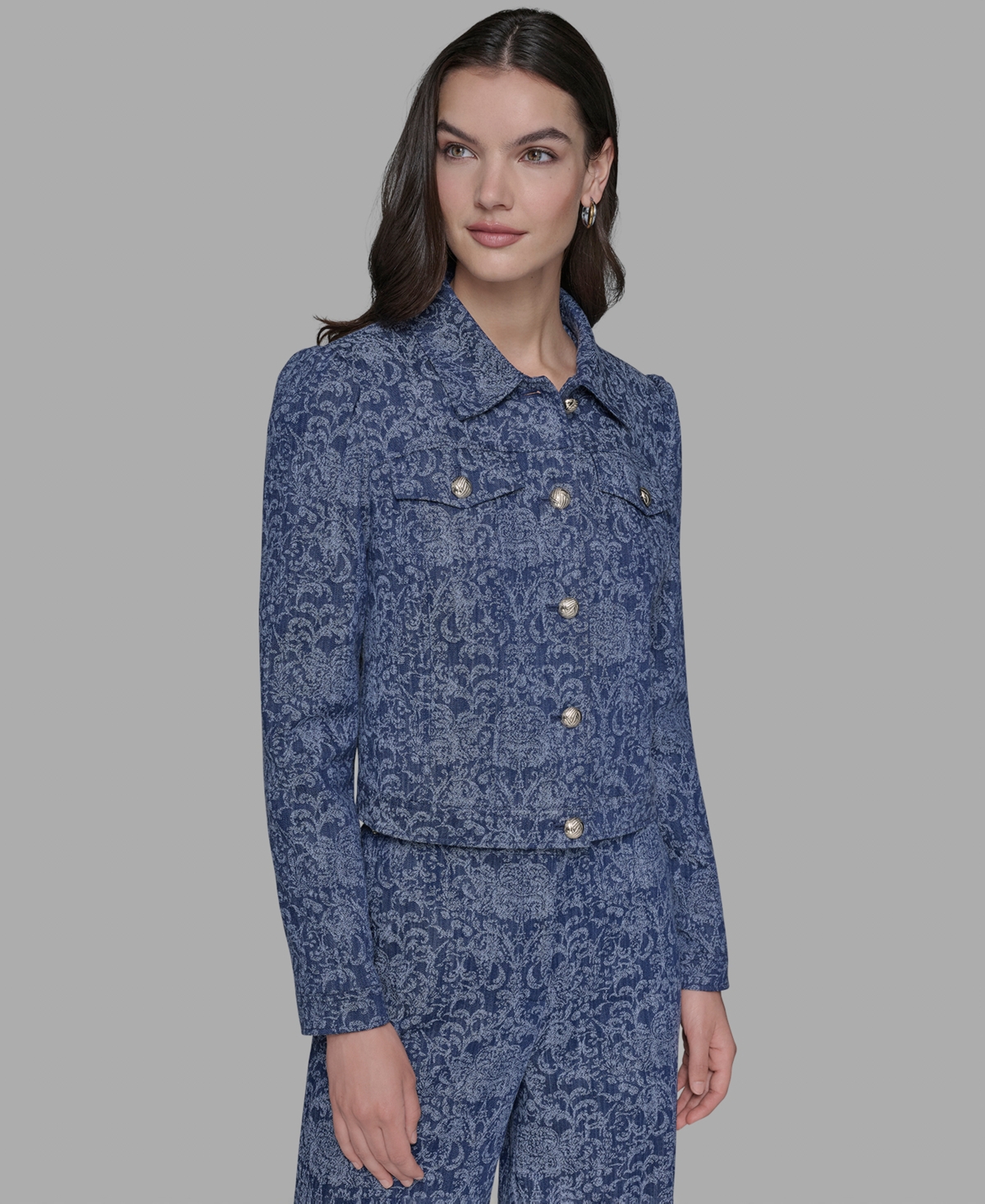 Karl Lagerfeld Petite Printed Button-front Jacket In Blue
