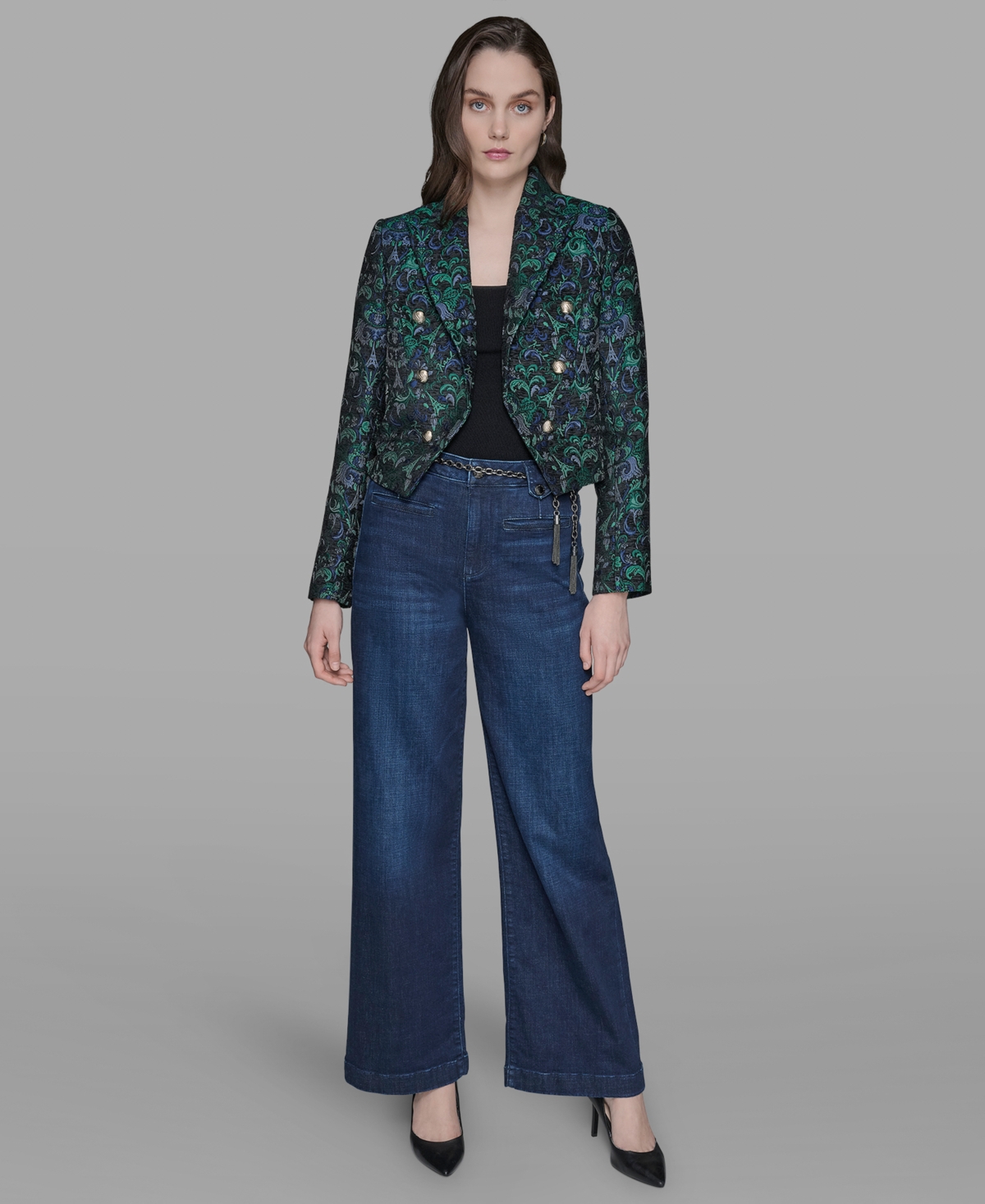 Karl Lagerfeld Petite Jacquard Open-front Jacket In Green