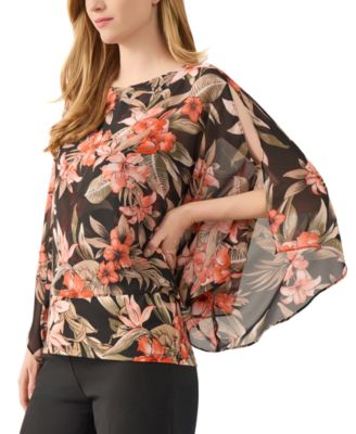 Women's Floral 3/4-Sleeve Poncho Blouse
