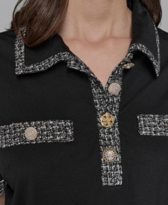 Petite Tweed-Trim Knit Top