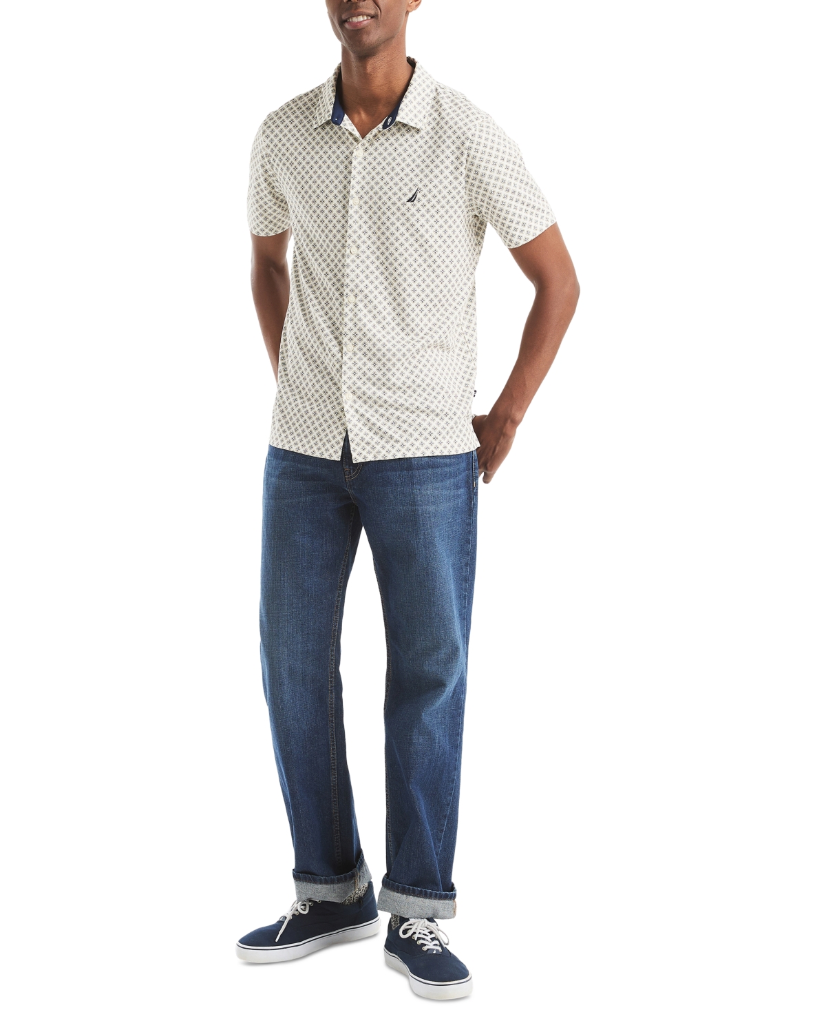 Nautica Men's Printed Classic-fit Performance Button-down Shirt In White