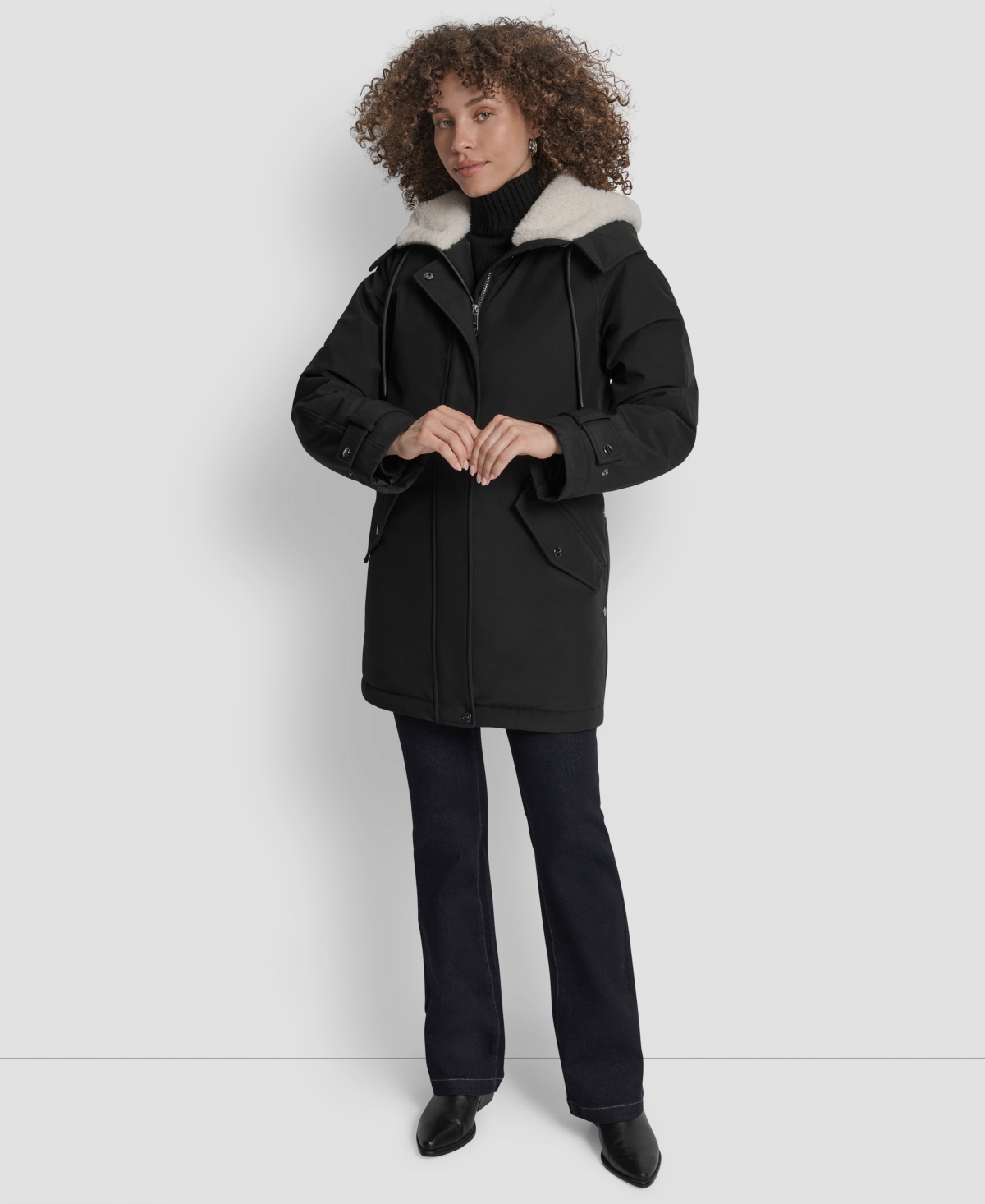 Dkny Faux Fur Lined Hooded Softshell Parka In Black