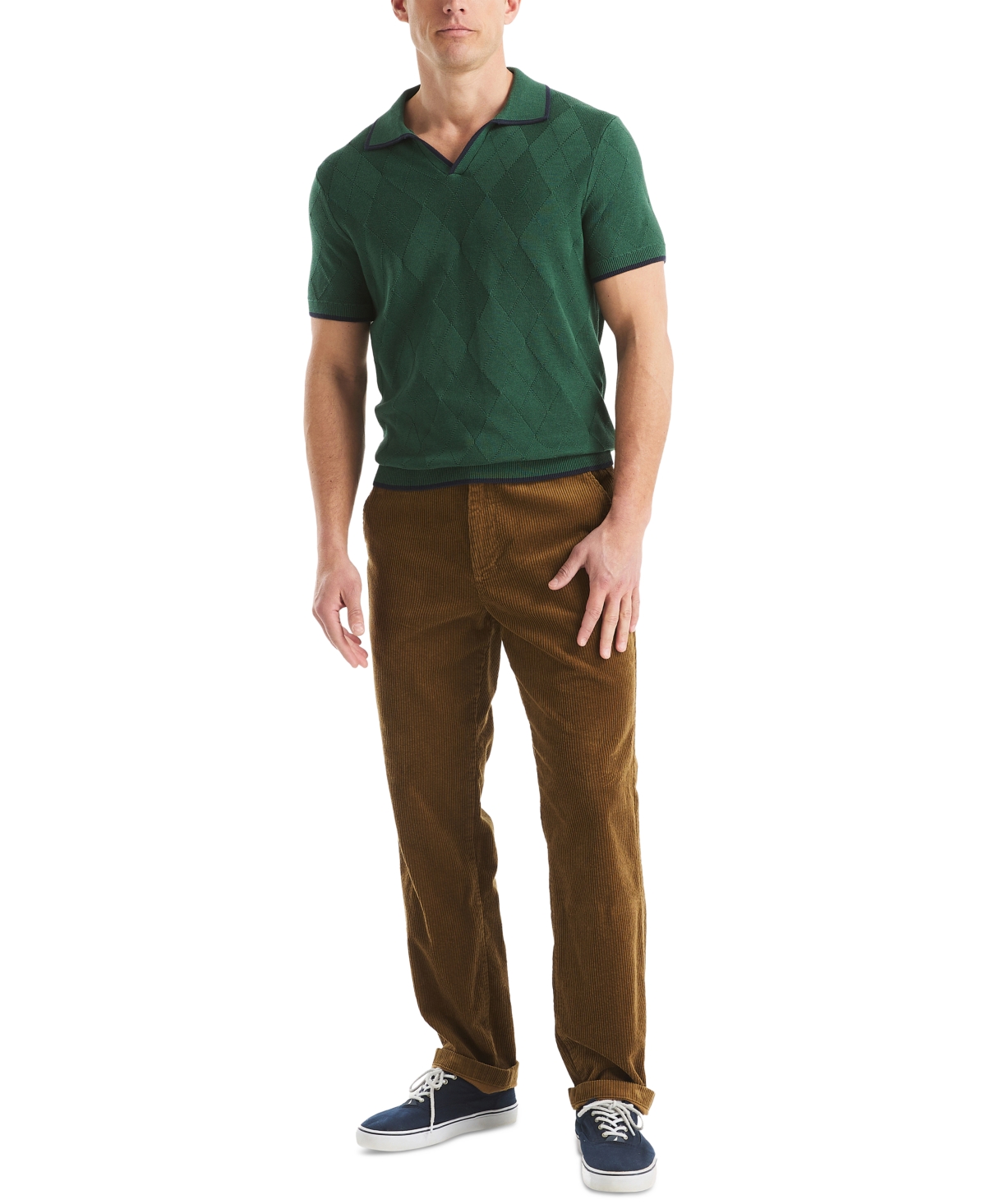 Nautica Men's Short Sleeve Textured Argyle Polo Sweater In Green