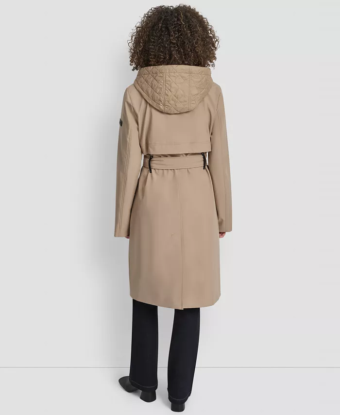 Women's Hooded Bibbed Belted Trench Coat - thumbnail 2
