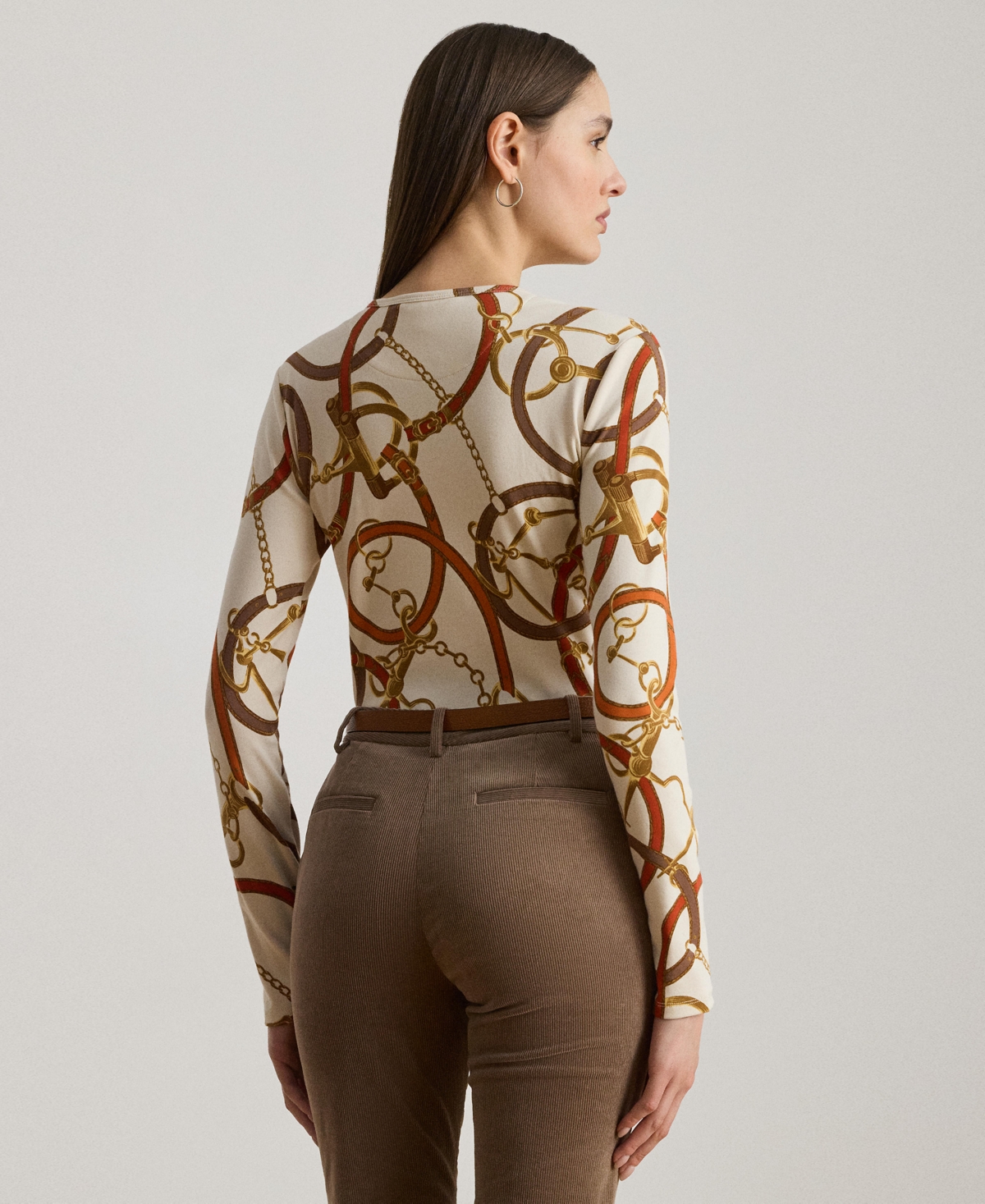 Ralph Lauren Womens Belting Print Cotton Long Sleeve Tee P Xs Xxl In Multi