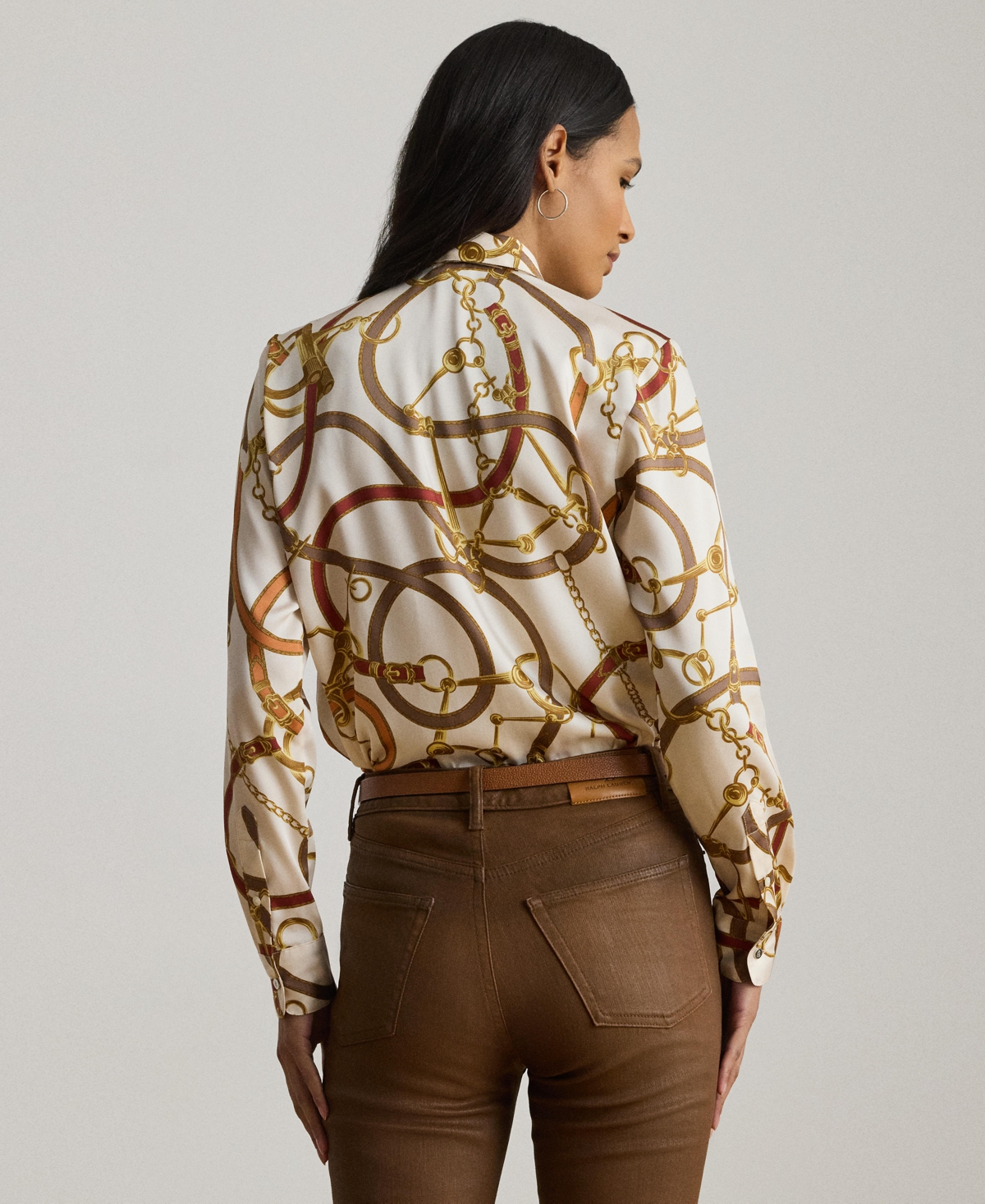 Ralph Lauren Womens Classic Fit Print Twill Tie Neck Shirt P Xs Xxl In Brown