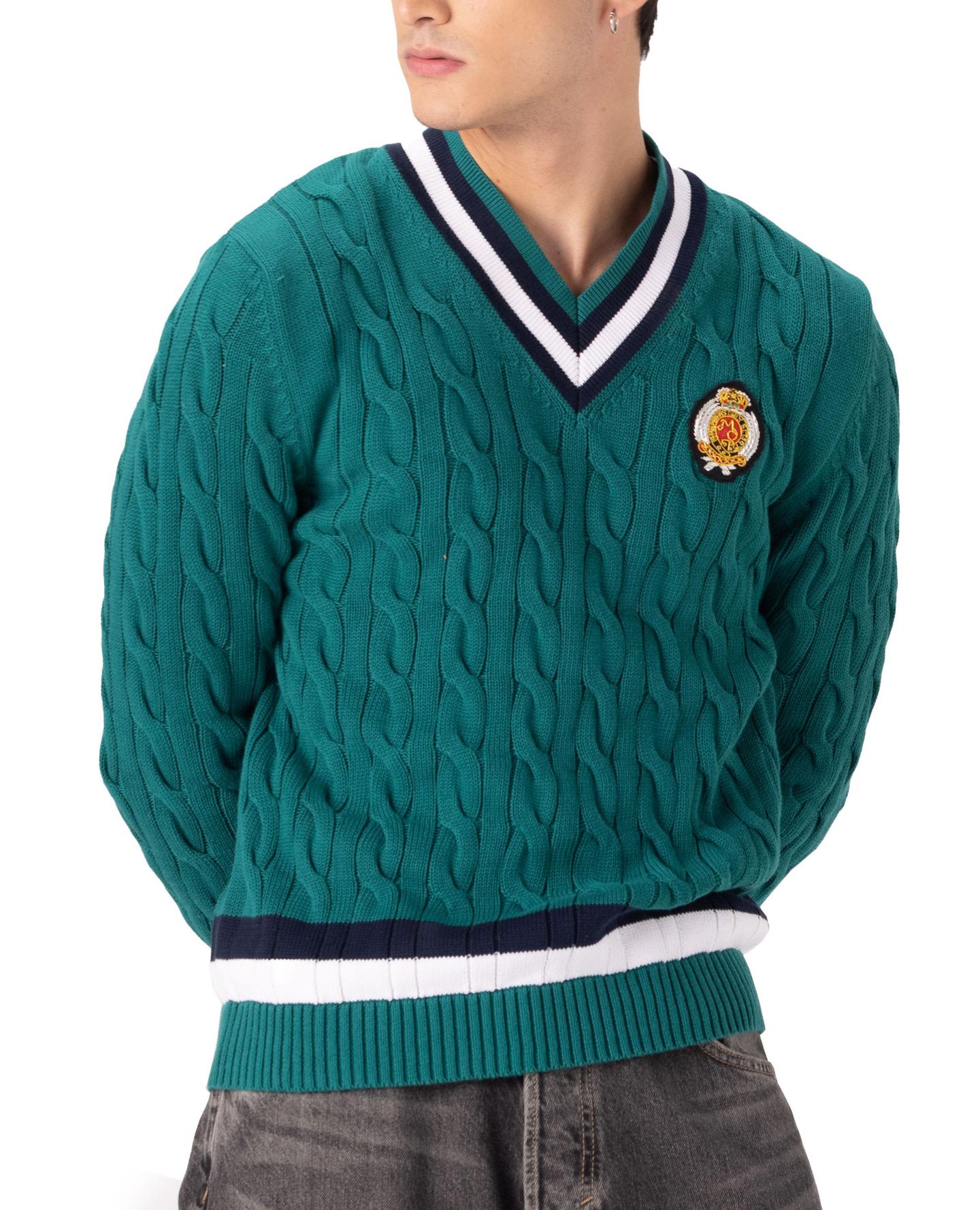 Мужской свитер Members Only Cotton Cable Knit Cricket, цвет: Зелёный — фото 2