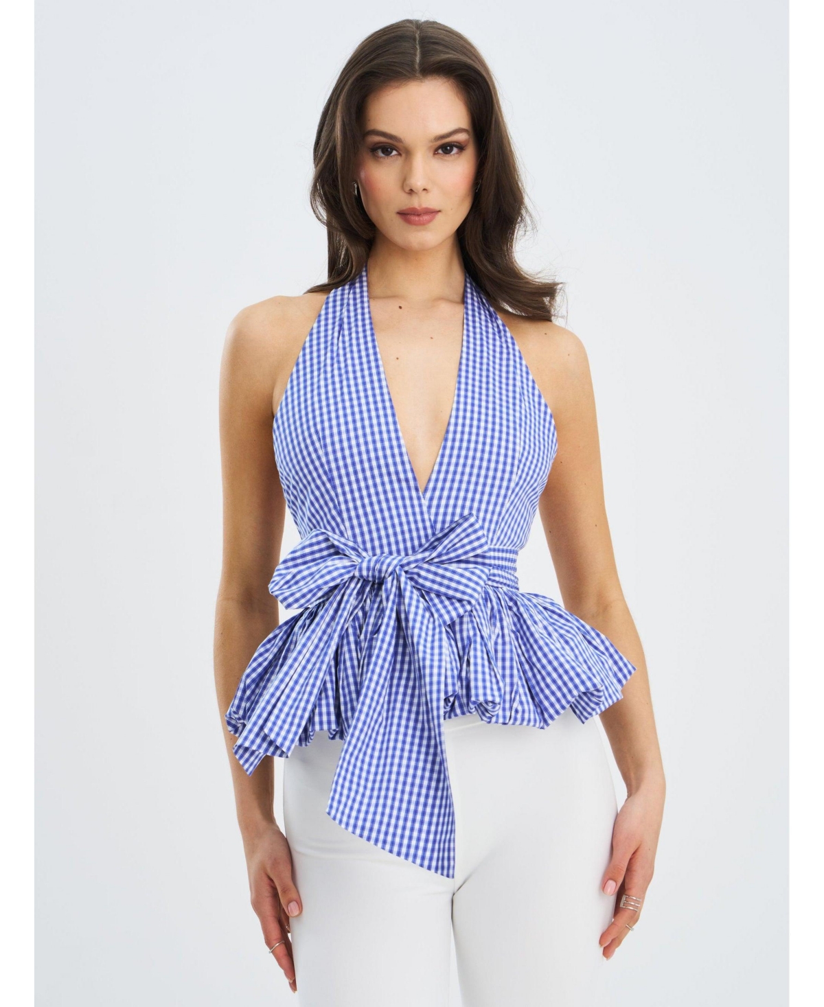 Women's Ilene Blue and White Checkered Bubble Hem Halter Top - Blue stripe
