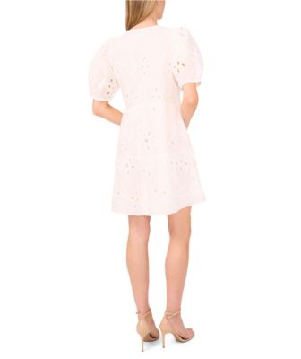 Women's Tie-Neck Embroidered Tiered Short-Sleeve Dress