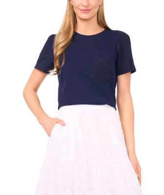 CeCe - Women's Cotton Eyelet-Sleeve Patch-Pocket T-Shirt