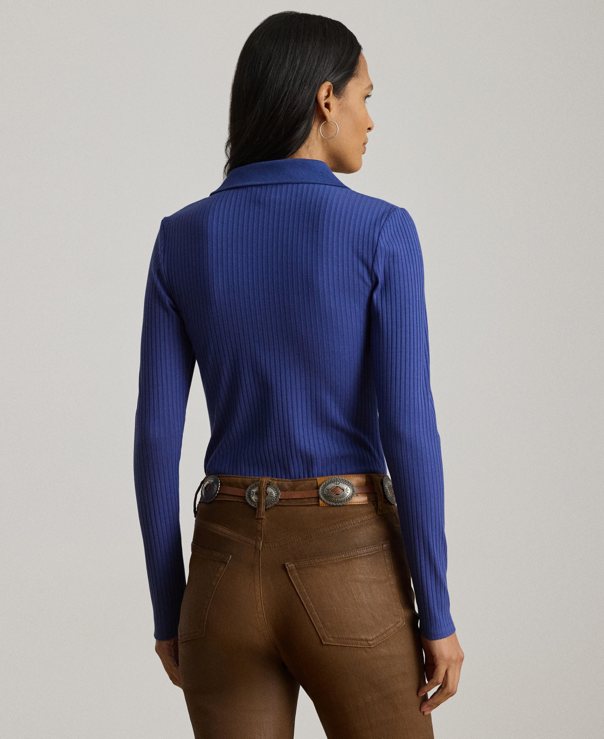 Ralph Lauren Rib-knit Long-sleeve Polo Top In Blue