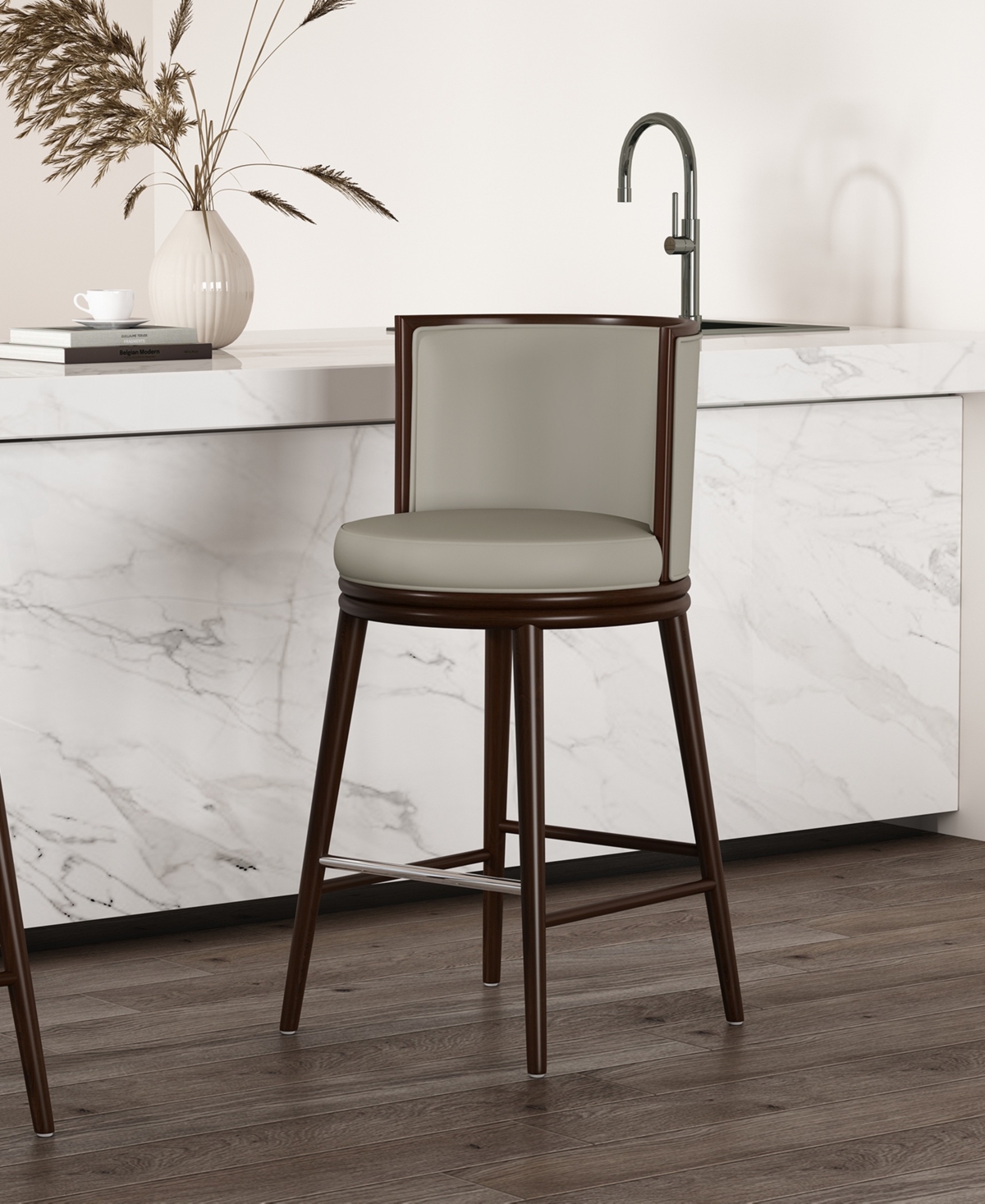 Manhattan Comfort 40" Evalyn Faux Leather Upholstered Barstool In Gray