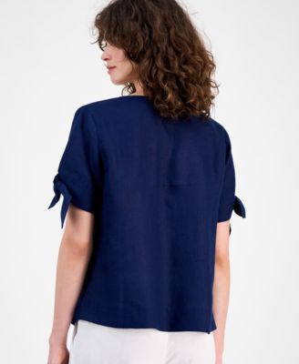 売れ筋商品|||チャータークラブ カットソー トップス レディース Women's 100% Linen Split-Neck Tie-Cuff Top, Created for Macy's Blue Ocean Charter Club Women's 100% Linen Split-Neck Tie-Cuff Top