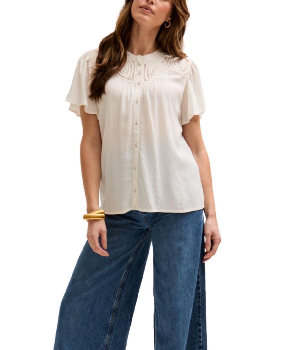 Women's Kew Lace Insert Angel Sleeve Shirt - Natural
