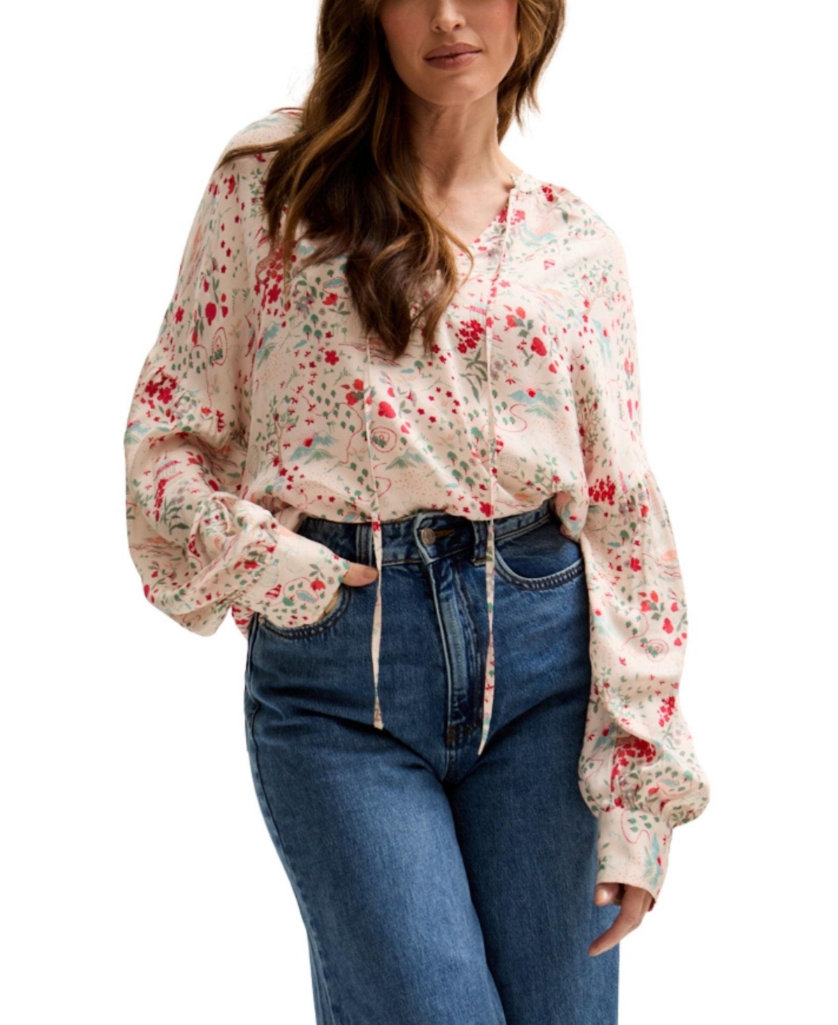 Women's Rosetti Billowy Sleeves Print Blouse - Cream