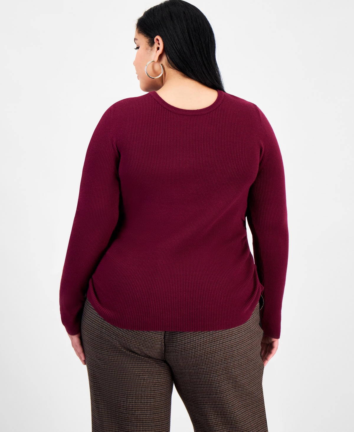 Bar Iii Trendy Plus Size Long Sleeve Ribbed Knit Top, Macy's Exclusive In Burgundy