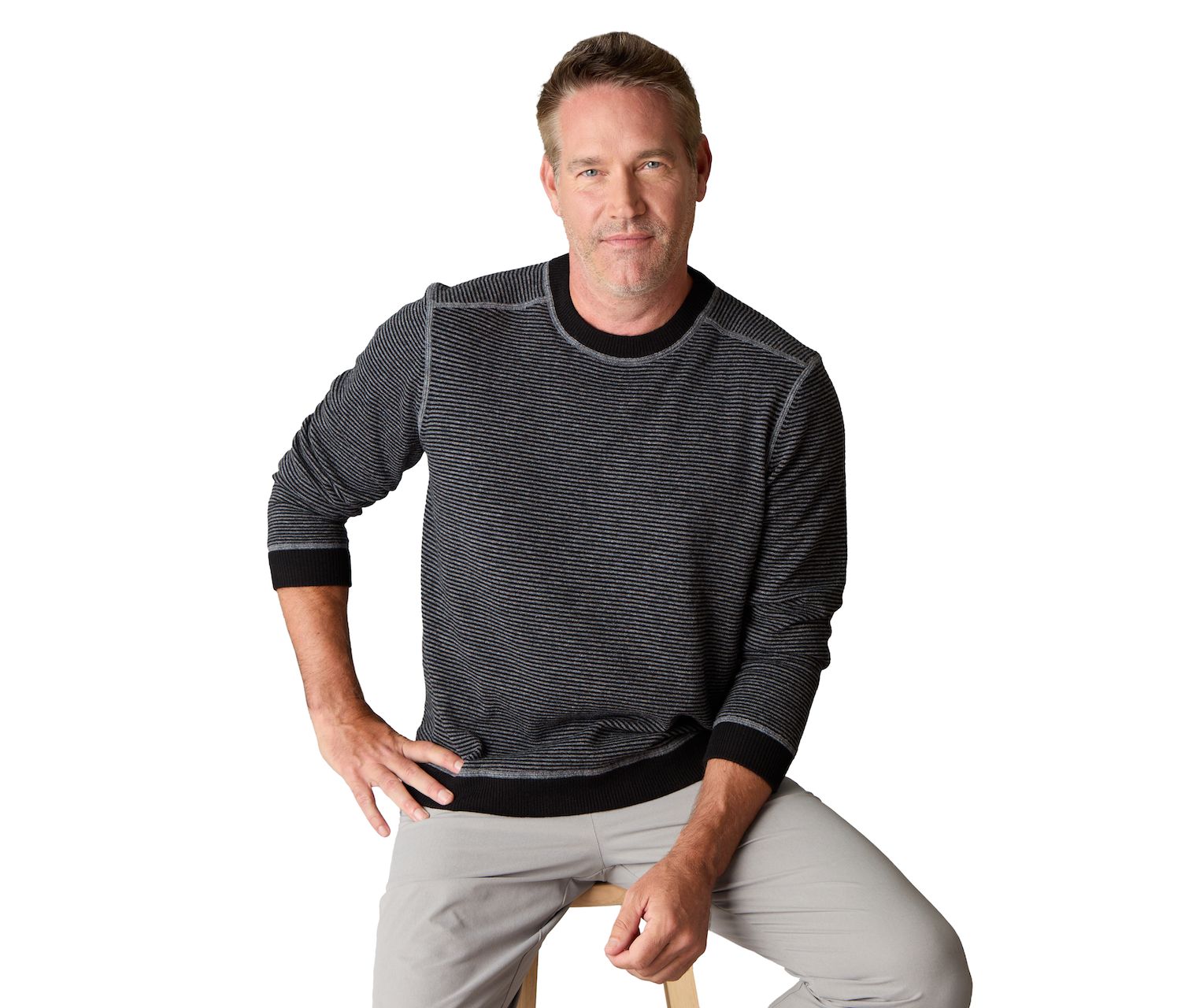 Men's Itch-Free Merino Wool Striped Crewneck Sweater with Lining