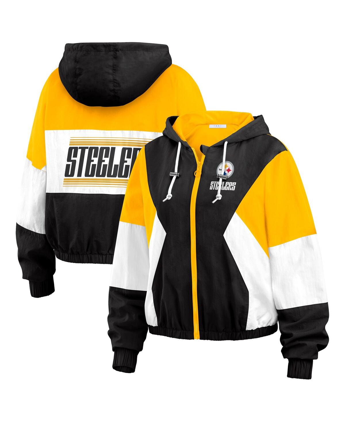 Wear By Erin Andrews Women's Black/gold Pittsburgh Steelers Plus Size Color Block Full-zip Windbreaker Jacket