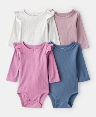 Baby Long-Sleeve Ribbed Bodysuits, 4 Pack