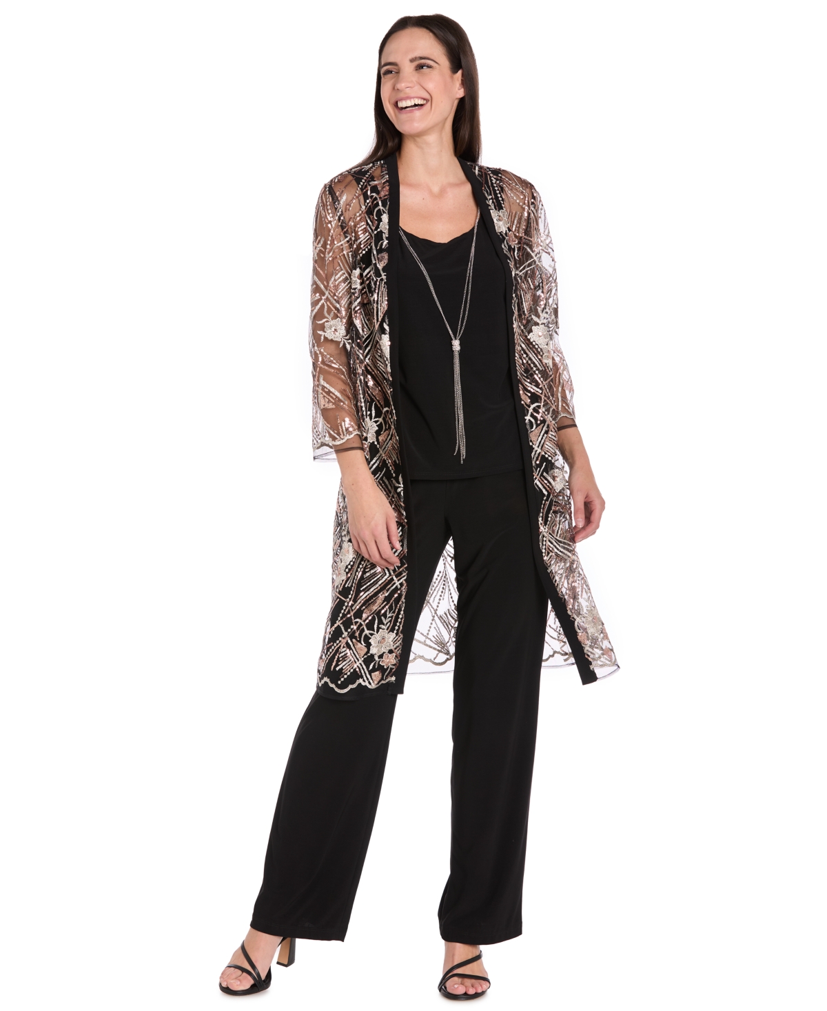 R & M Richards Women's Embellished Sheer Long Jacket, Sleeveless Top And Pants Set In Multi