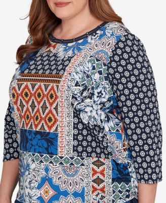 Plus Size Batik Patchwork Drawstring Closure Top