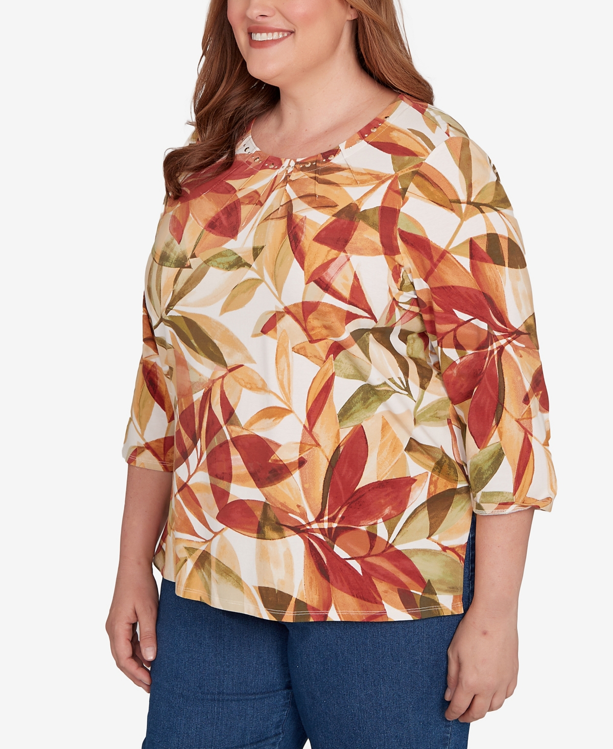 Alfred Dunner Plus Size Leaf Pleated Crew Neck Top In Multi