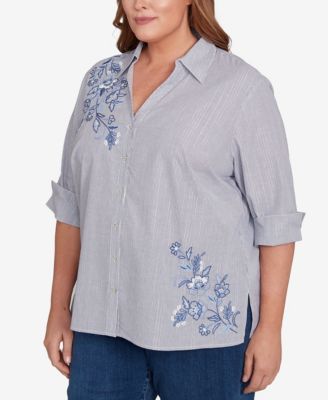 Plus Size Classic Diagonal Floral Metallic Stripe Button Front Top