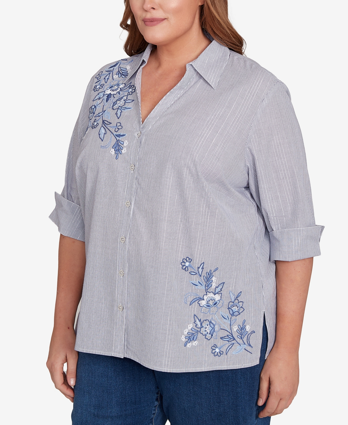 Alfred Dunner Plus Size Classic Diagonal Floral Metallic Stripe Button Front Top In Blue