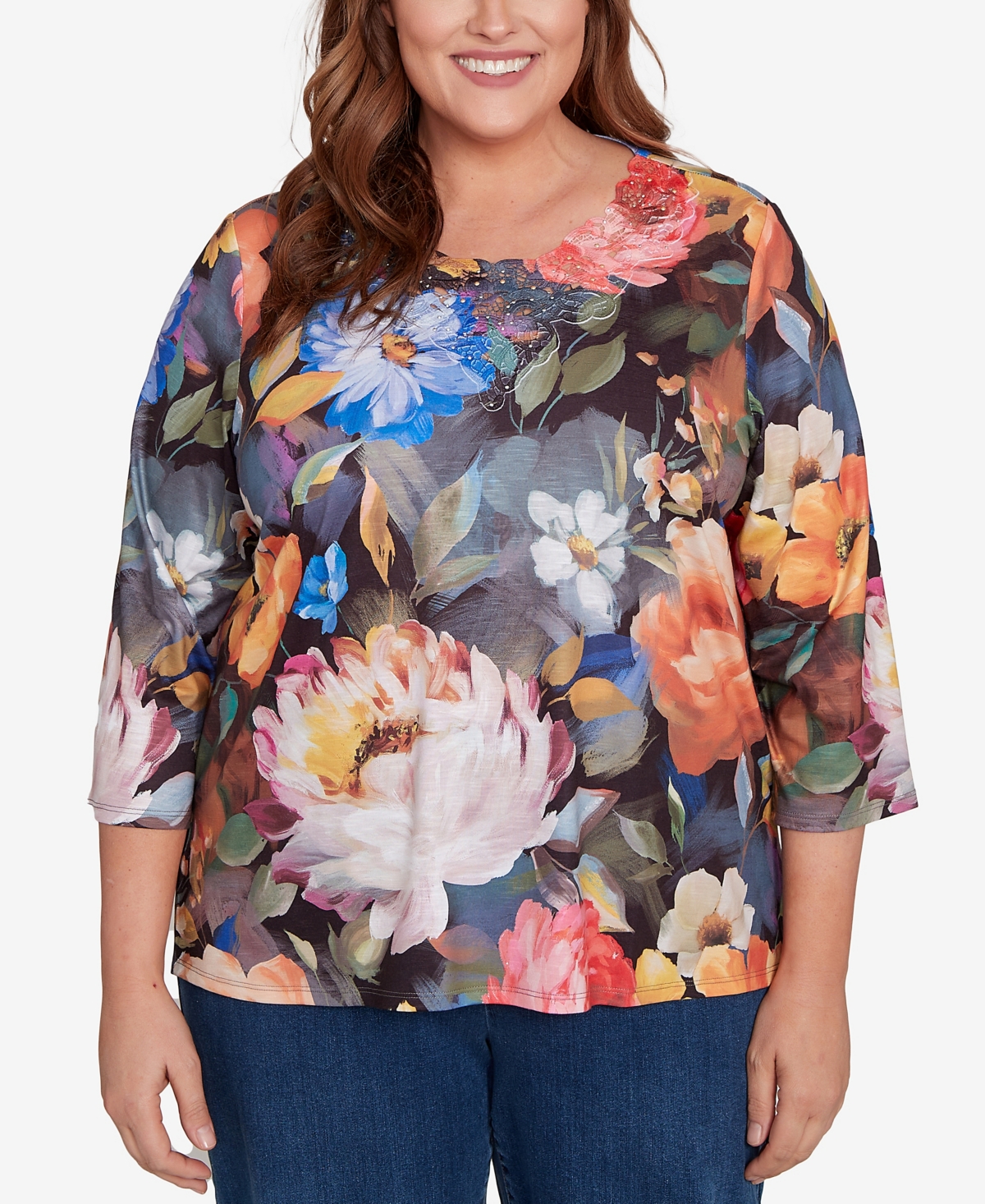 Alfred Dunner Plus Size Classic Dramatic Floral Lace Neck Top In Blue